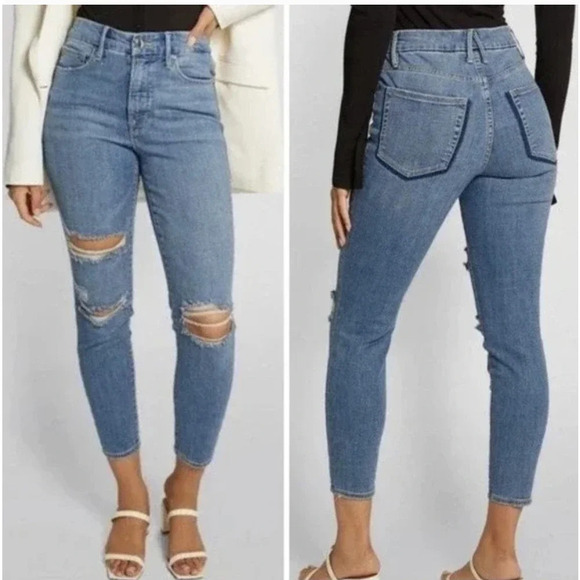 Good‎ American Good Legs High Waist Ripped Crop Skinny Jeans In Blue617 Size 16 - Picture 1 of 10